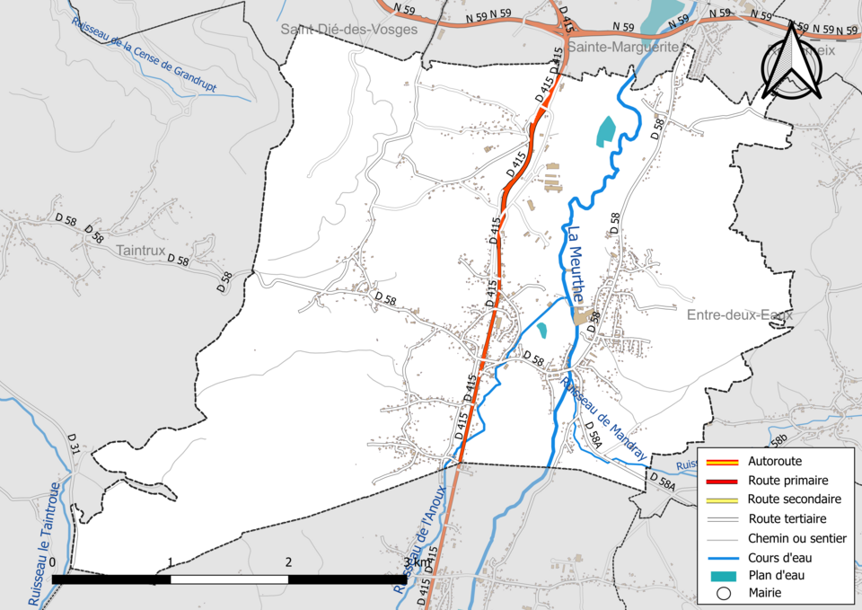 Réseaux hydrographique et routier de Saulcy-sur-Meurthe.